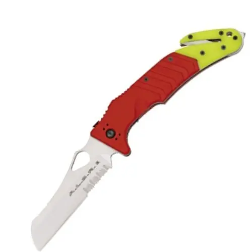 Alsr Sheepsfoot Knife – Red-Yellow Handle, Partially Serrated 1