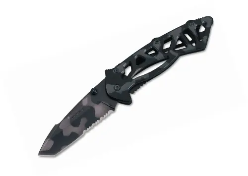Bones Tiger Stripe Camo Folding Knife – Serrated Blade 1
