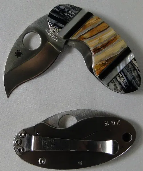 C29P Folding Knife With Mammoth Tooth, Mother-Of-Pearl, And Onyx Inlays 1