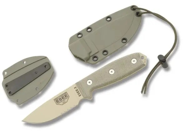 Esee-3 Serrated Fixed Blade – Tan Blade & Green Micarta Handles 1