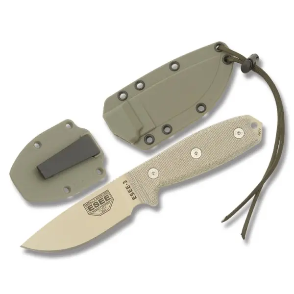 Esee-3 Survival Knife – Tan Plain-Edge Blade With Green Micarta Scales 1