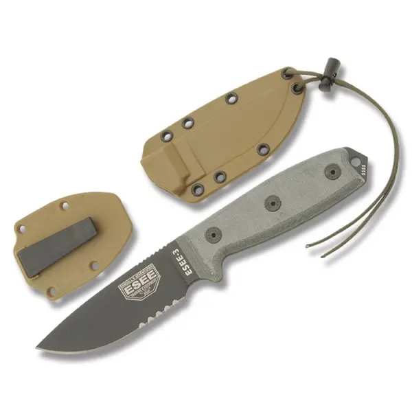 Esee-3S Fixed Blade Knife – Serrated Black Blade & Grey Handle 1