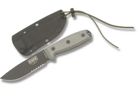 Esee-4 Fixed Blade Knife – Serrated Black Blade & Grey Micarta Handle 1