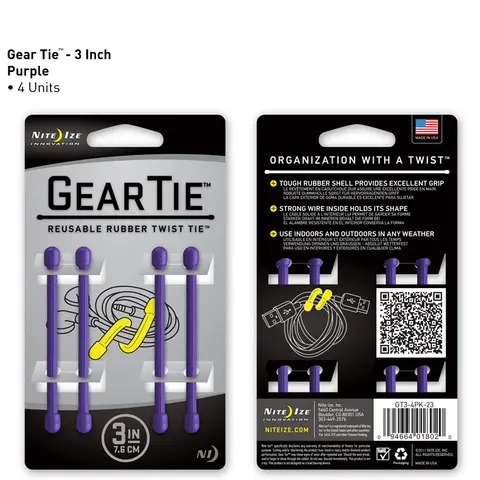 Gear Tie 3-Inch Elastic Wrap – Purple (4-Pack) 1