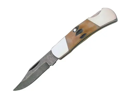 India Stag Bone Handle Lockback Knife – Upswept Damascus Blade 1