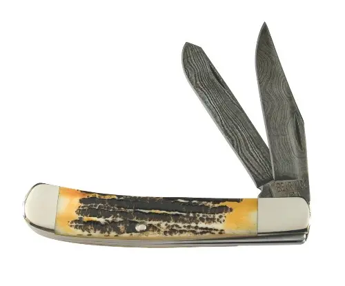 India Stag Two-Blade Trapper With Damascus Steel Blades 1