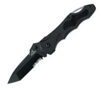 Kiowa Tanto Knife – Black Serrated Blade In Clamshell Packaging 1