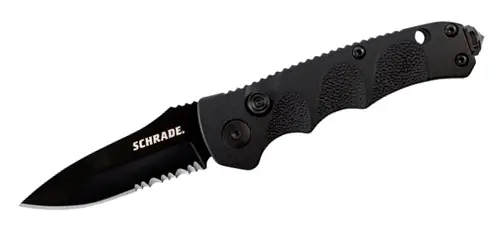 Mini Black Drop Point Knife – 40% Serration, 4116 Steel 1