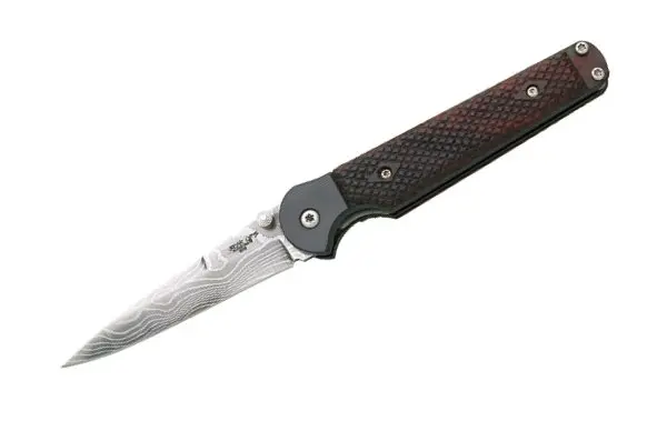 Stiletto Damascus Folding Knife – Cocobolo Wood Handle 1