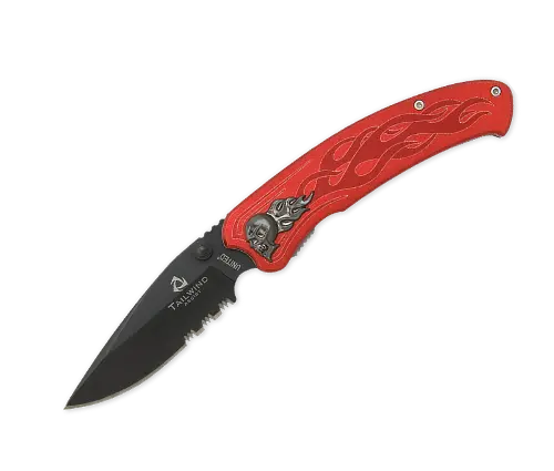 Tailwind Nova Serrated Skull-Themed Folding Knife In Red 1
